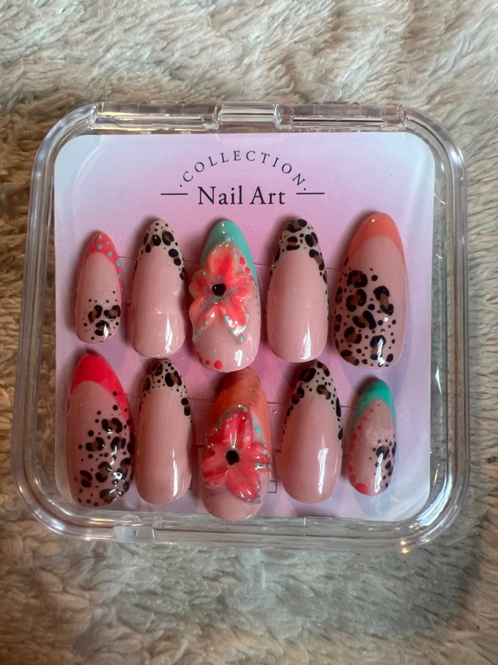 Nail Art Press-On Set with Leopard & Floral Accents - Pink, Coral, Teal
